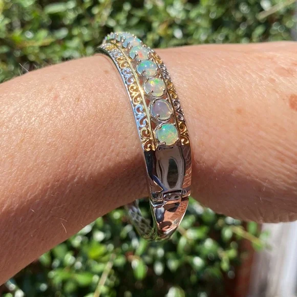 Ethiopian Welo Opal bangle bracelet, 7.25 inches, 25.6 g 925. - Picture 2 of 13